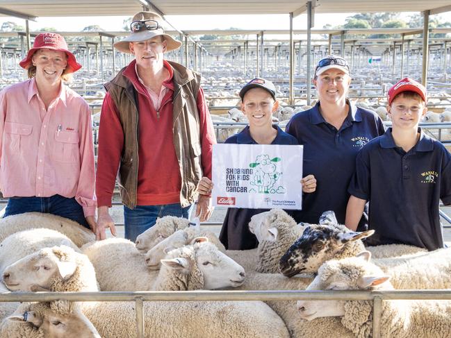 NEWS: GFA Katrina Ogden selling lambsBendigo Livestock Exchange. Monday sheep sales.Katrina Ogden, one of our Shine winners last year, and family doing their annual sale of 10 lambs at Bendigo saleyards, with all proceeds going to the good friday appeal. Pictured: L-R William, Billy, Heath, Katrina and Thomas Ogden with the pen of lambs they are selling for the Royal Children's Hospital Good Friday Appeal.