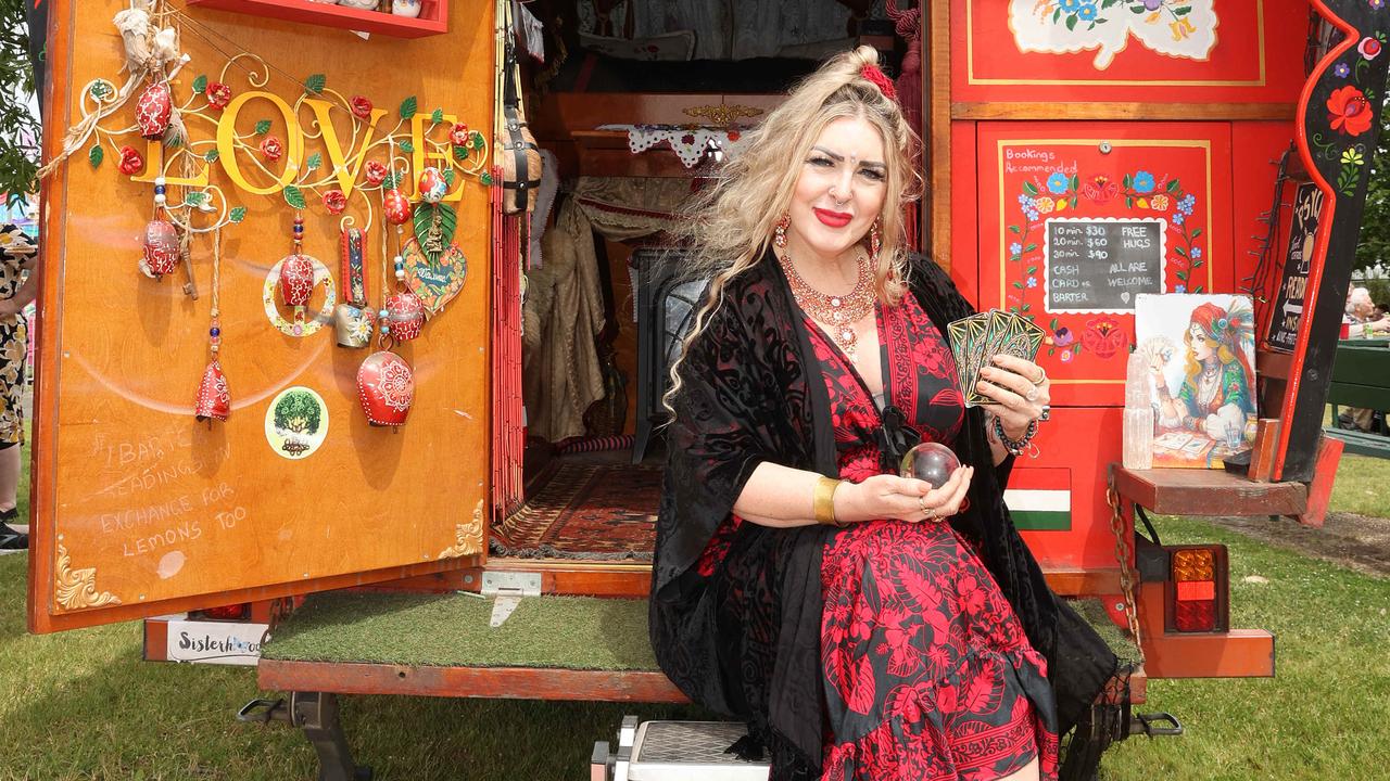 Highton's Eilish AnnaMaria De Avalon with Poppy the Gypsy wagon at the Geelong Show. Picture: Alison Wynd