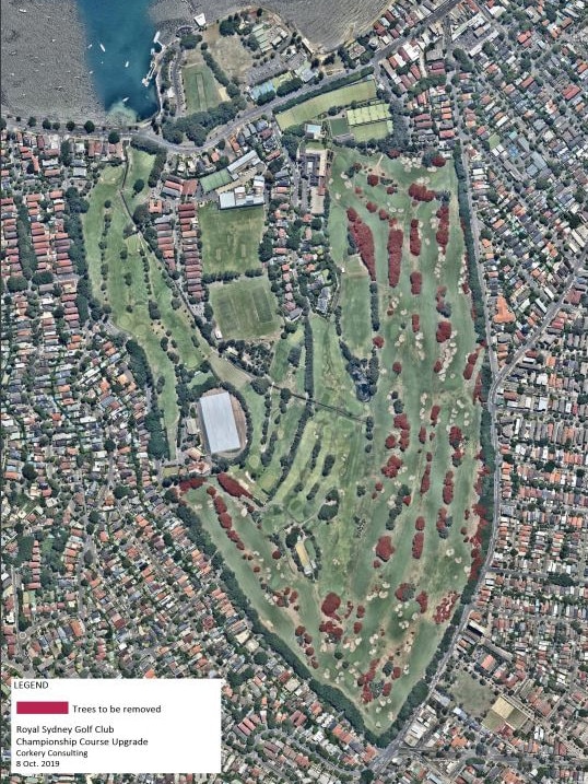 Trees (in red) to be removed from Royal Sydney Golf Course with new plans.