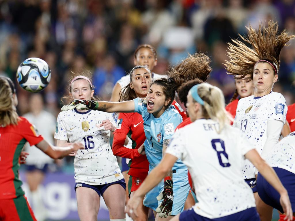 Portugal goalkeeper Ins Pereira punches the ball clear during the first half against USA. Picture: Carmen Mandato/USSF/Getty Images