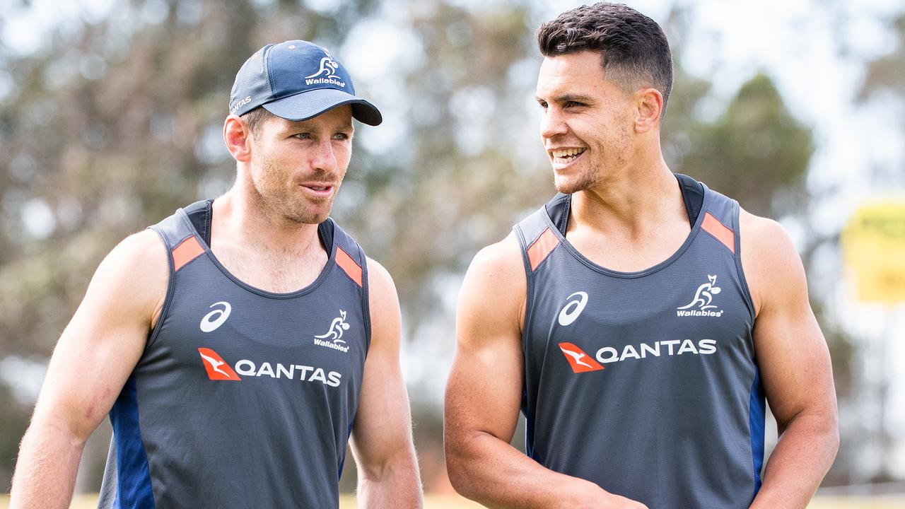 Bernard Foley and Matt Toomua during Wallabies training at Baddeley Park.