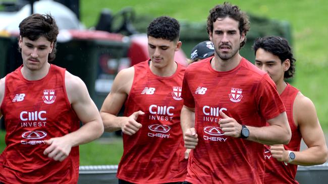 James Van Es, Anthony Caminiti, Anthony Caminiti and Max King at St Kilda training. Picture: Andrew Henshaw