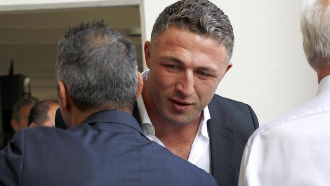 Sam Burgess during the funeral for Souths legend John Sattler on the Gold Coast. Picture: NCA NewsWire/Tertius Pickard