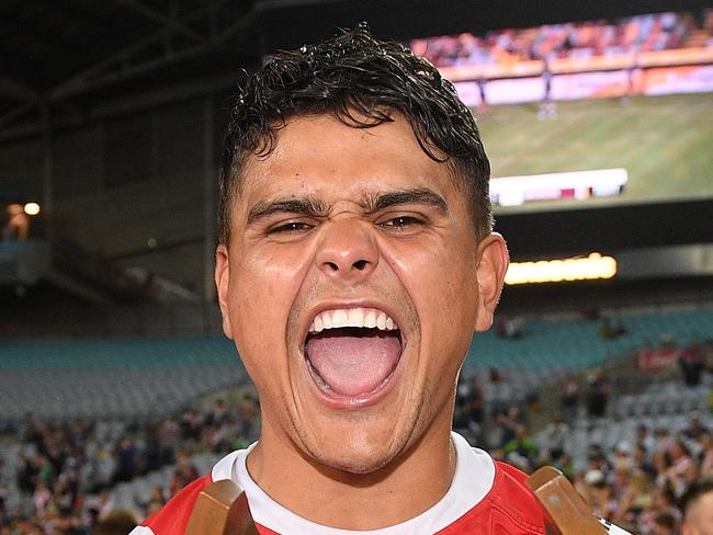 Latrell Mitchell of the Roosters celebrates following their win in the 2019 NRL Grand Final between the Canberra Raiders and the Sydney Roosters at ANZ Stadium in Sydney, Sunday, October 6, 2019. (AAP Image/Dan Himbrechts) NO ARCHIVING, EDITORIAL USE ONLY