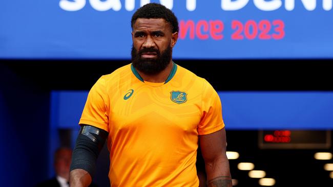 PARIS, FRANCE - SEPTEMBER 09: Marika Koroibete of Australia looks on as he walks out of the tunnel prior to the Rugby World Cup France 2023 match between Australia and Georgia at Stade de France on September 09, 2023 in Paris, France. (Photo by Chris Hyde/Getty Images)