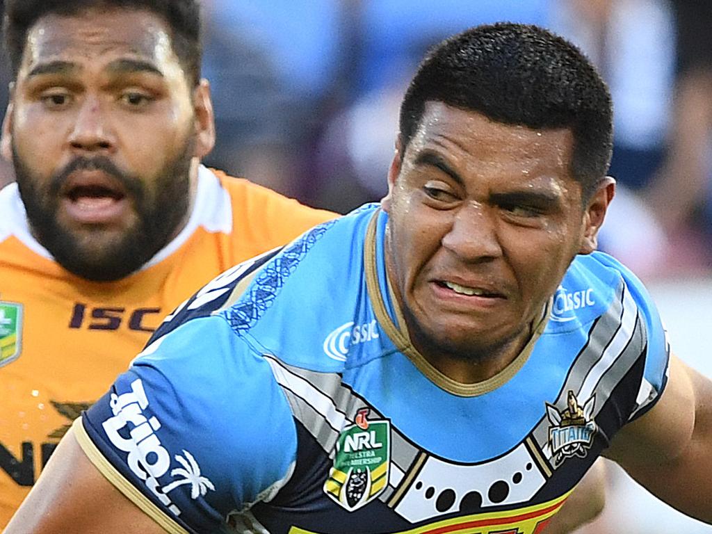 Moeaki Fotuaika of the Titans during the Round 17 NRL match between the Gold Coast Titans and the Brisbane Broncos at Cbus Super Stadium in Robina on the Gold Coast. Sunday, July 8, 2018. (AAP Image/Dave Hunt) NO ARCHIVING, EDITORIAL USE ONLY