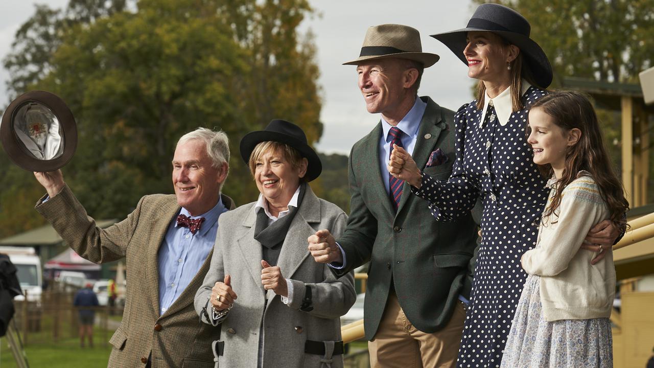 Michael Atkinson, Jennifer Rankine, James O’Hanlon, Cressida O’Hanlon, and Phoebe, 9 at the Oakbank Monday Races, Monday, April 18, 2022. Picture: Matt Loxton