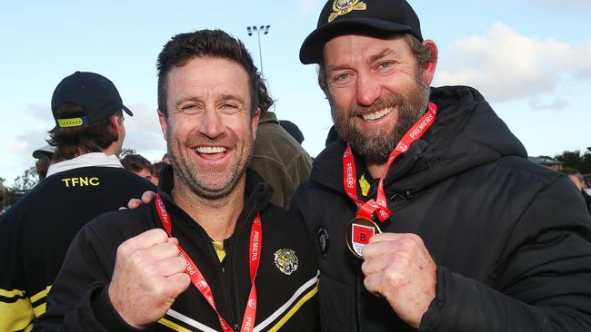 Torquay’s Dom Gleeson and Aaron Nesbit celebrate the 32-point win. Picture: Alan Barber