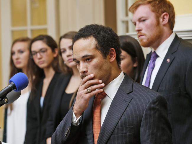 “Party School” ... Jalen Ross, president of the University of Virginia student council, ponders a question during a news conference. Source: AP