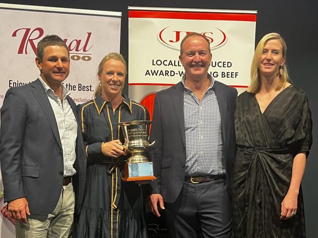 Palgrove Pastoral Co takes out another win for JBS's Paddock to Palate 2023 Class 37 Championship. (L) Ben Noller (General Manager), Gemma Noller. Will Heath (CEO) and Sam Heath (R).