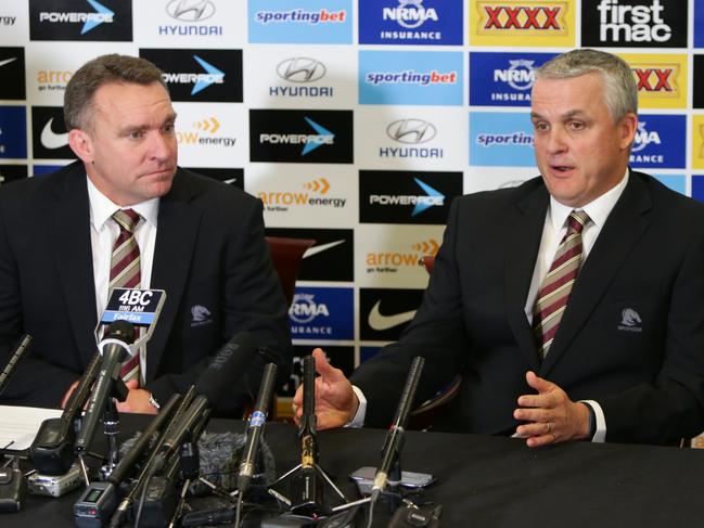 L to R, CEO Paul White with Coach Anthony Griffin, announcing the signing of Wayne Bennett as coach of the Brisbane Broncos for the 2015 season, Red Hill - Photo Steve Pohlner