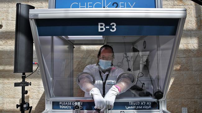 A coronavirus swab sampling booth at Ben Gurion International Airport in Lod, Israel. Picture: AFP