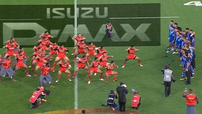 Samoa and Tonga face off in pre-game war cry.