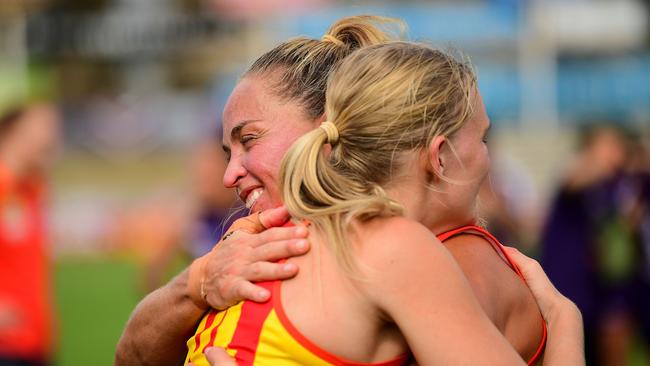 FREMANTLE, AUSTRALIA - MARCH 21: Serene Watson and Leah Kaslar of the Suns after the loss during the 2020 AFLW Semi Final match between the Fremantle Dockers and the Gold Coast Suns at Fremantle Oval on March 21, 2020 in Fremantle, Australia. (Photo by Daniel Carson/AFL Photos via Getty Images)