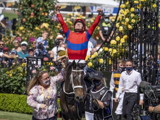 Verry Elleegant (NZ) ridden by James McDonald returns to scale after winning  the Lexus Melbourne Cup at Flemington Racecourse on November 02, 2021 in Flemington, Australia. (Jay Town/Racing Photos via Getty Images)