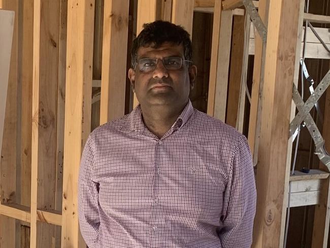 Victorian homeowner Siddarth Prakash at his half finished home after his builder went bust in 2020. He has been locked in an expensive battle with the government-run home building insurer the Victorian Managed Insurance Authority (VMIA). Picture: Supplied