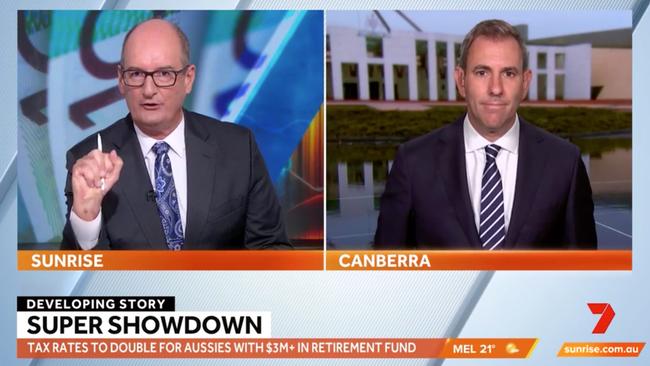 Jim Chalmers is interviewed by David Koch on Sunrise. Picture: Channel 7