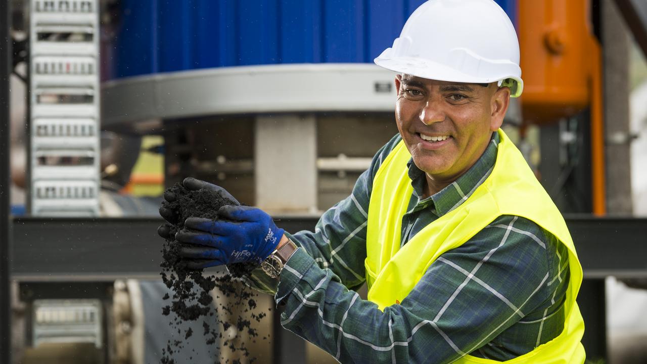 Pyrocal CEO Arun Pratap with material made at the research and development facility from car tyres mixed with green waste that aims to significantly reduce landfill weight and costs. Picture: Kevin Farmer