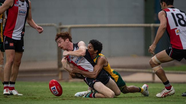 Jordyn Cotter and Liam Holt-Fitz in the Southern Districts vs PINT 2023-24 NTFL men's elimination final. Picture: Pema Tamang Pakhrin