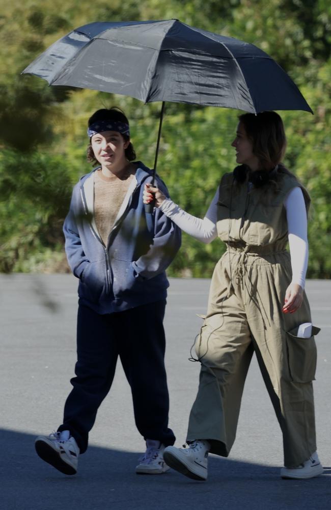 Sydney Sweeney is barely recognisable as she is seen for the first time on the set of her new movie. Picture: BACKGRID