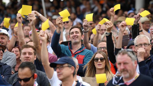 England fans show off their yellow sandpaper a Test Match between England and Australia in 2019. Picture: Getty