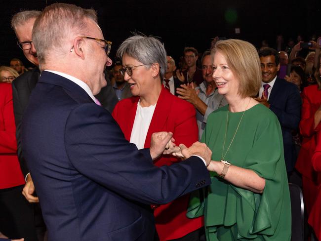 Prime Minister Anthony Albanese greets former prime minister Julia Gillard while on the campaign trail in Perth earlier this month. Picture: Jason Edwards / NewsWire