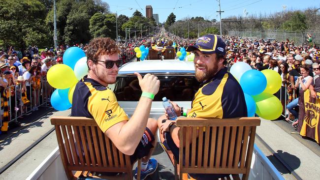 West Coast's Luke Shuey with Josh Kennedy during the 2015 AFL Grand Final parade in Melbourne.