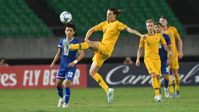 Socceroo Jackson Irvine clears in midfield. Picture: Getty Images