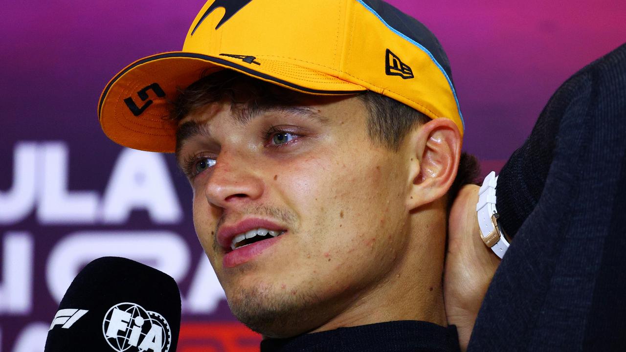 MONZA, ITALY - SEPTEMBER 01: Third placed Lando Norris of Great Britain and McLaren attends the Drivers Press Conference during the F1 Grand Prix of Italy at Autodromo Nazionale Monza on September 01, 2024 in Monza, Italy. (Photo by Clive Rose/Getty Images)