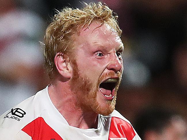 Dragon's James Graham celebrates try of Jack De Belin during NRL match between the St. George-Illawarra Dragons and Brisbane Bronocs at Jubilee Stadium, Kogarah. Picture. Phil Hillyard