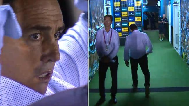 Shane Flanagan storms into the Sharks sheds before fulltime.