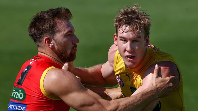 Yze made it clear Noah Balta (left) and Tom Lynch were his preferred tall forward combination despite the injuries to key defenders Gibcus and Young. Picture: Michael Klein