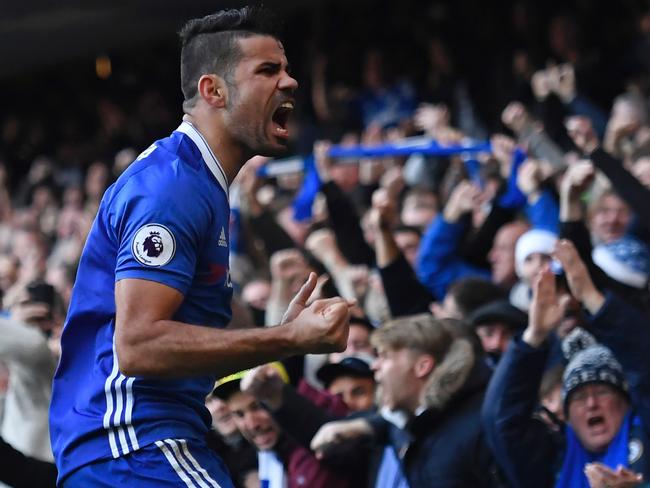 Diego Costa celebrating after scoring for Chelsea.