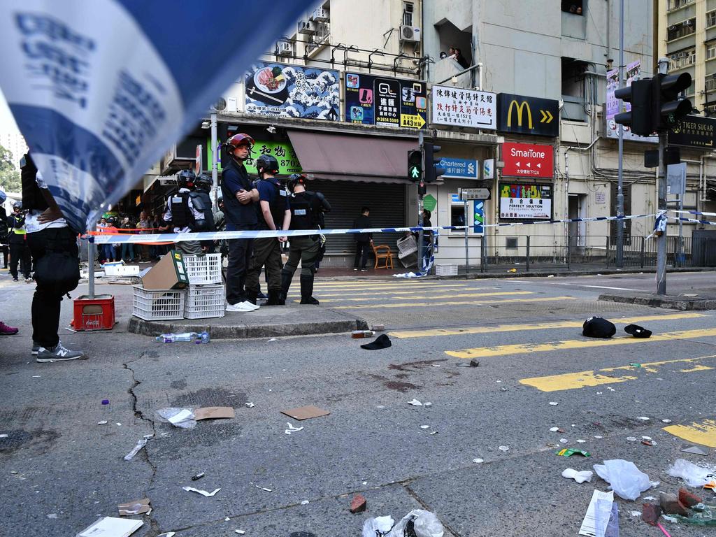 The site where a pro-democracy protesters was shot by a policeman in Hong Kong today. Picture: Anthony Wallace/AFP