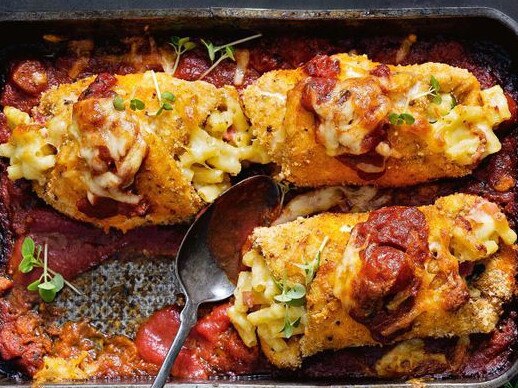 Mac 'n' cheese stuffed chicken schnitzel roll-ups.