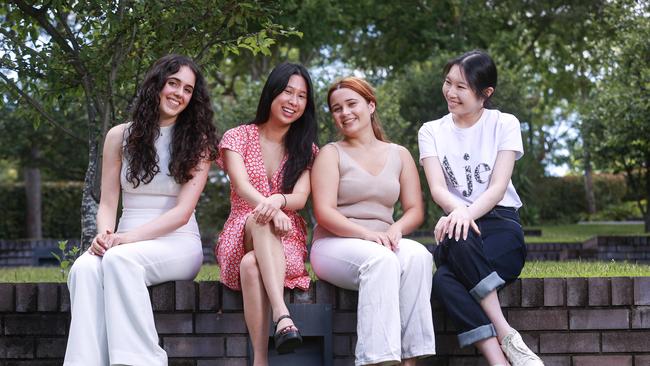 The wait is over for these four Year 12 graduates from Ravenswood Girls School, who learned their final mark for the IB on Tuesday morning. Picture: Justin Lloyd