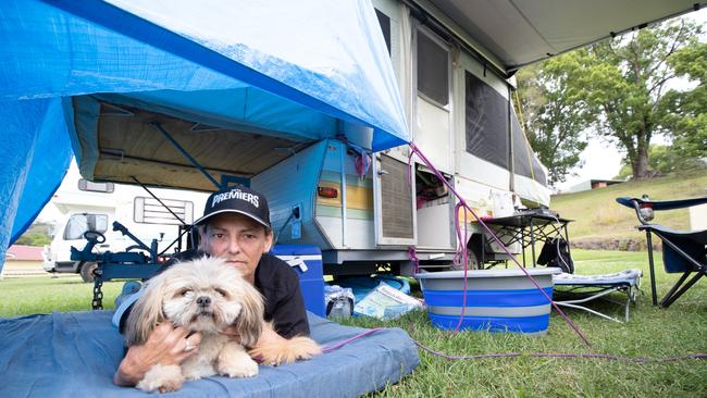 Wendy Riddoch has been camping with her dog Teddy in Murwillumbah, waiting for the Queensland border to reopen. Picture: Danielle Smith