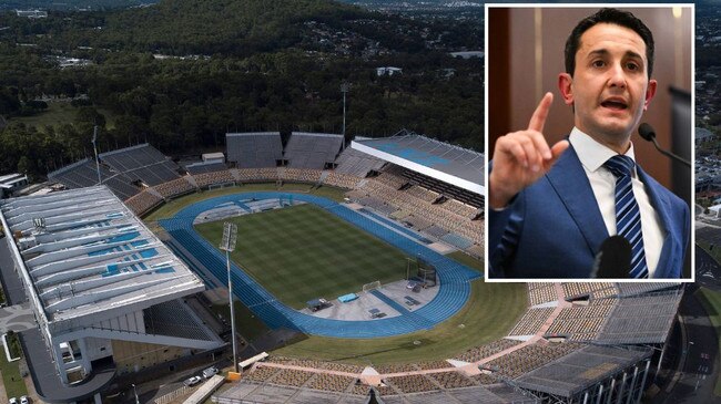 Queensland Opposition Leader David Crisafulli, inset, and the Queensland Sport and Athletics Centre.