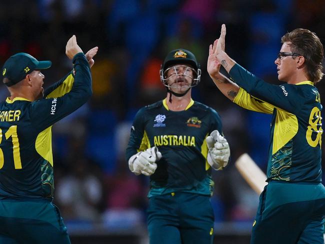 Adam Zampa of Australia celebrates the wicket of Litton Das. Picture: Gareth Copley/Getty Images