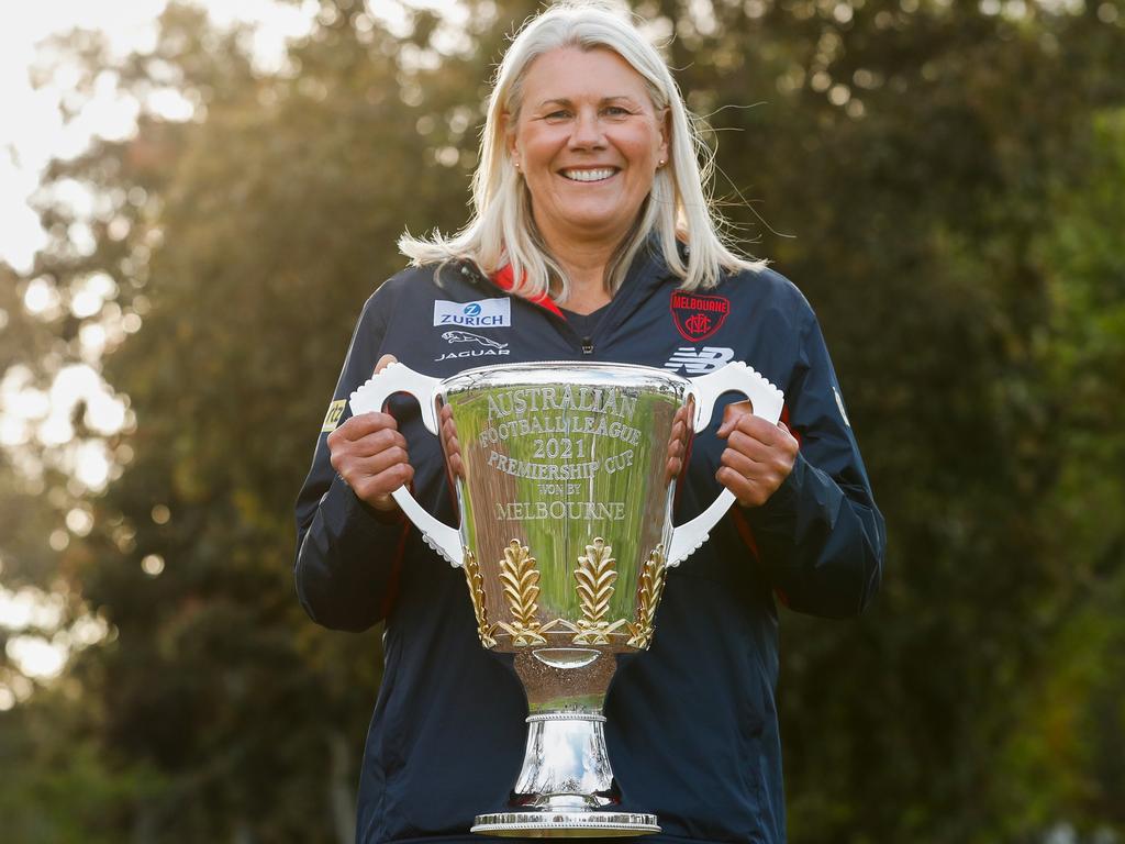 Kate Roffey with the 2021 Premiership trophy. Picture: Michael Willson/AFL/Getty