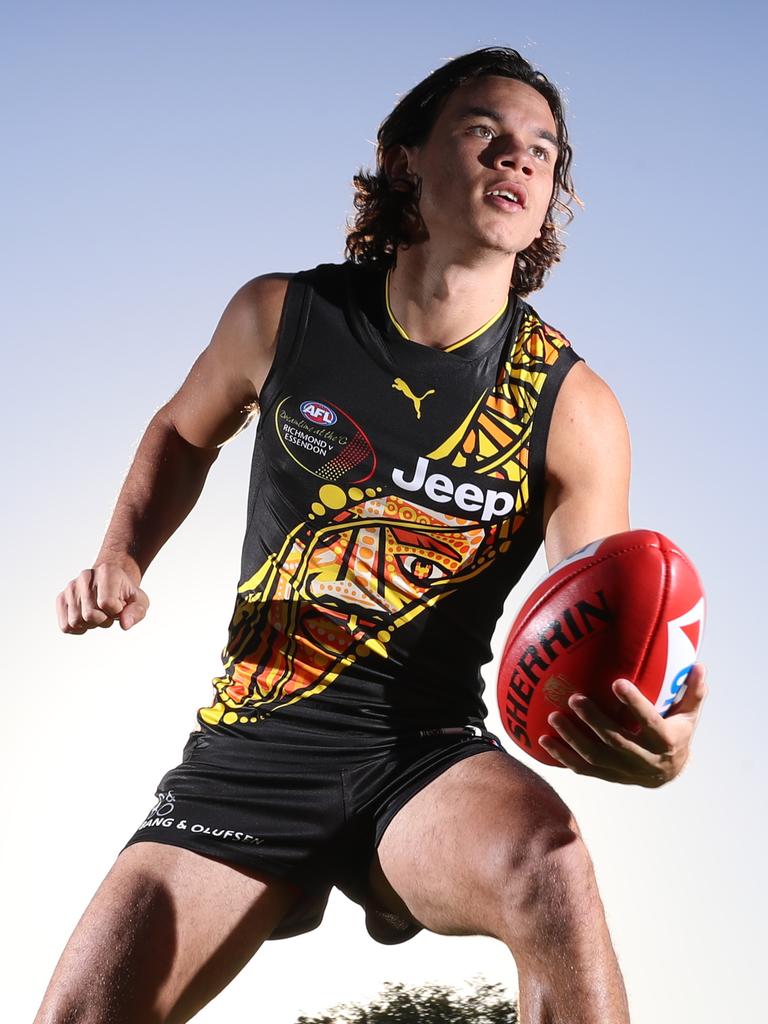 Daniel Rioli models Richmond’s indigenous jumper. Picture: Alex Coppel