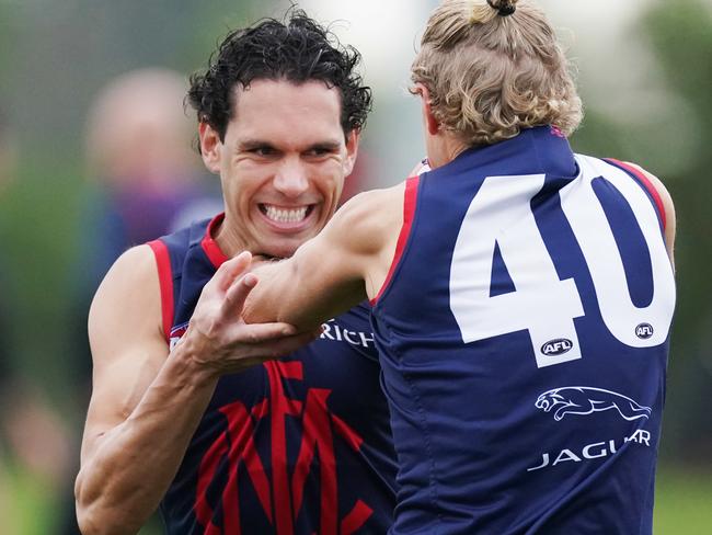 Harley Bennell tackles Corey Wagner of the Demons during an AFL Melbourne Football Club training session at Casey Fields in Melbourne, Wednesday, June 3, 2020. (AAP Image/Michael Dodge) NO ARCHIVING