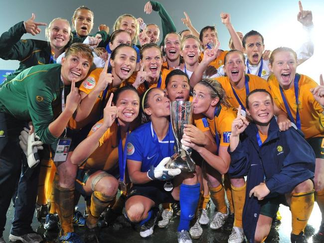 The Matildas celebrate winning the 2010 Asian Cup after a penalty shoot out with North Korea. Photo; Supplied