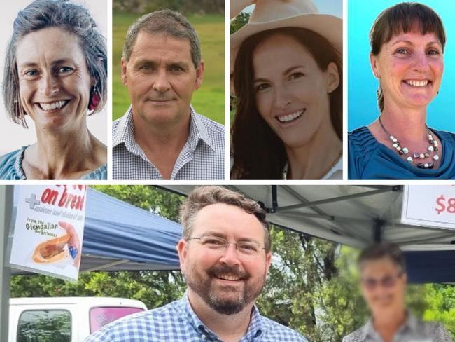 The likely five new councillors for the Southern Downs are: Carla Pidgeon, Russell Wantling, Sarah Deane, Morwenna Harslett and Joel Richters. (Photo: Supplied/Various)