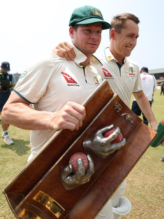 Steve Smith and Marnus Labuschagne with the Warne-Muralitharan Trophy after Australia beat Sri Lanka to win the series, 2-0, in Galle four months ago. Photo: Robert Cianflone/Getty Images