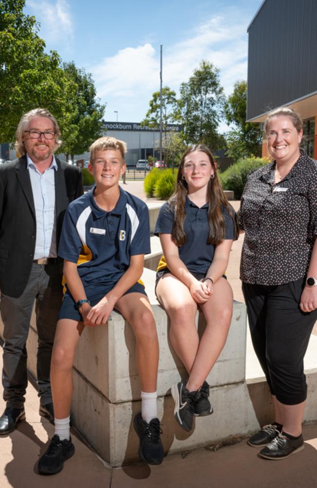 Principal George Porter with students Logan Bond and Isobel Grazules and Welfare teacher Jessica Wills taking part in PROJECT ROCKIT, a national anti-bullying and cyber safety education program at Bannockburn P-12 College. Picture: Brad Fleet