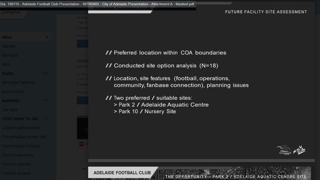 Adelaide Crows presentation to Adelaide City Council about preferred options for new headquarters in Adelaide Park Lands. Picture: Adelaide City Council