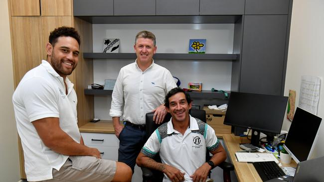 Johnathan Thurston Academy in its new premises in Flinders Street. Antonio Winterstein, Mark Fitzgerad from Knight Frank and Johnathan Thurston. Picture: Evan Morgan