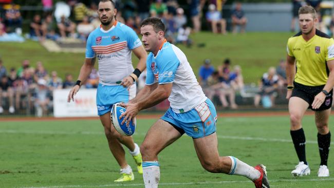 Pride halfback Jack Campagnolo runs the ball in a pre-season trial match between the Northern Pride and Townsville Blackhawks at Barlow Park, Cairns in February 2020. PICTURE: STEWART McLEAN