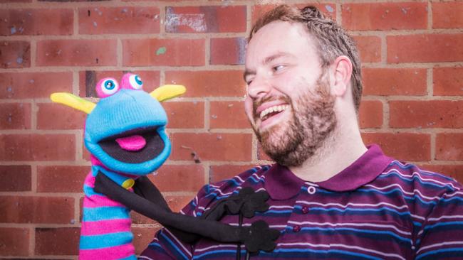 Hand to God, by University of Adelaide Theatre Guild. Matt Houston as Jason with puppet Tyrone. Picture: Supplied